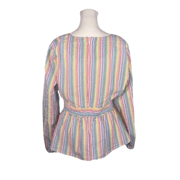 J Crew Womens V Neck Peplum Shirt In Rainbow Seersucker Size 14 - Picture 12 of 14